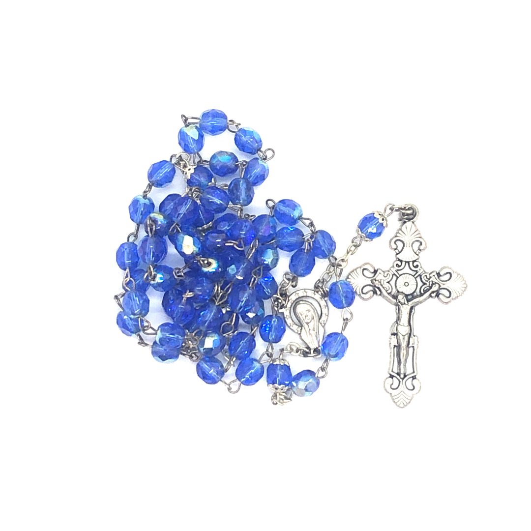 Chrystal Blue Rosary With Ornate Crucifix
