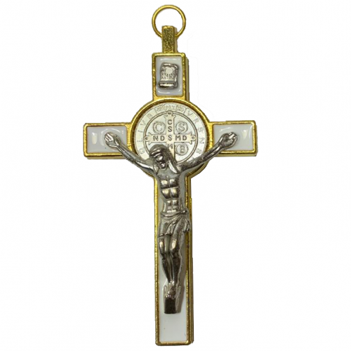 Medium White and Gold St Benedict Crucifix - Luxury