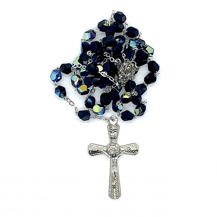 Black Shiny Rosary With Large Crucifix