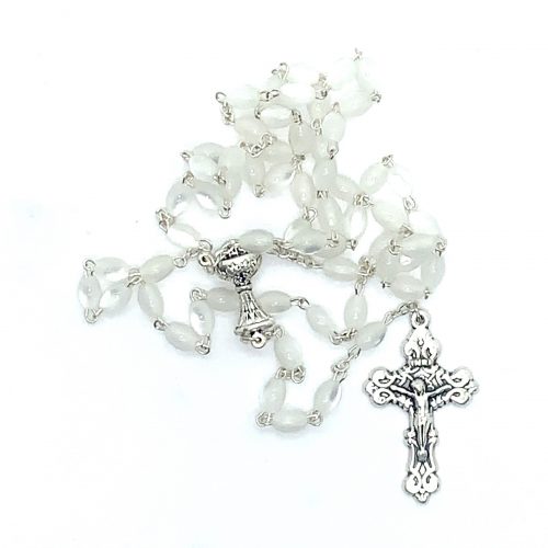 Boxed White Communion Oval Bead Rosary