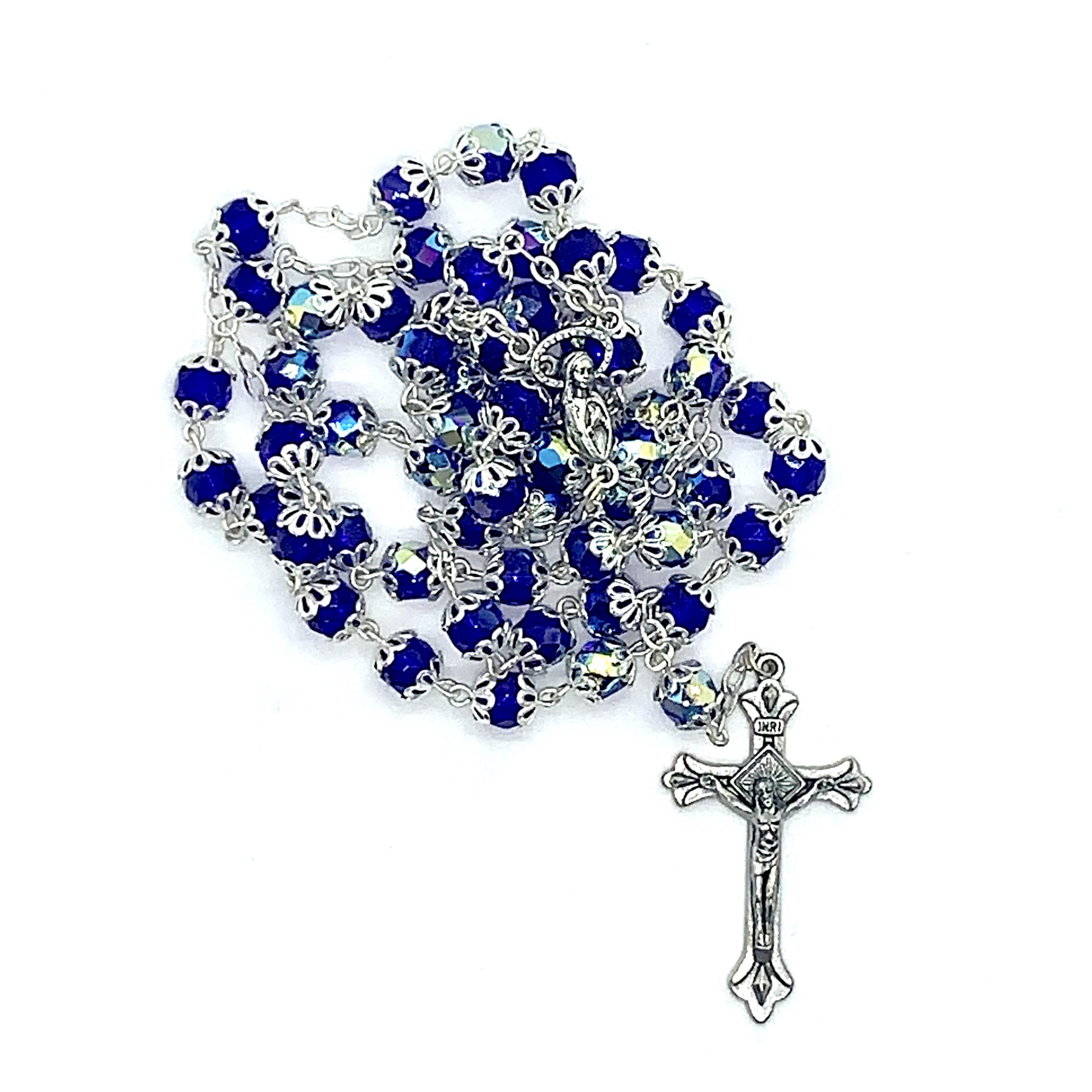 Blue Chrystal Rosary with Silver Caps