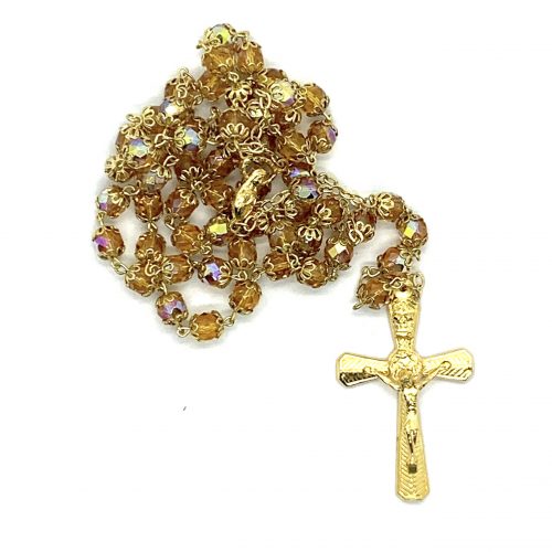 Shimmering Chrystal and Gilt Rosary With Gold Caps