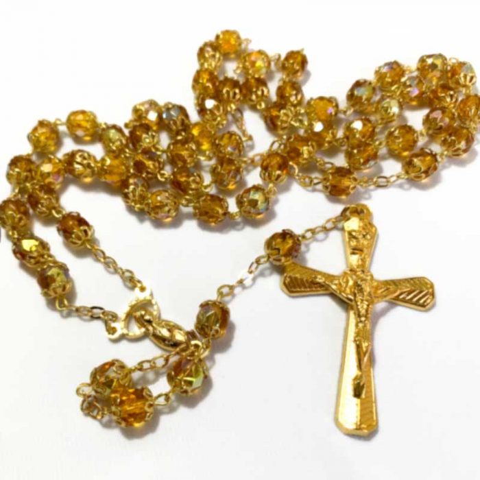 Shimmering Chrystal and Gilt Rosary With Gold Caps
