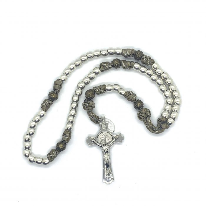 Silver and Bronze Paracord Rosary with Saint Benedict Crucifix
